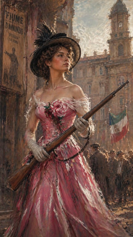 Imagined woman in a rose gown holding a rifle in a Fiume street